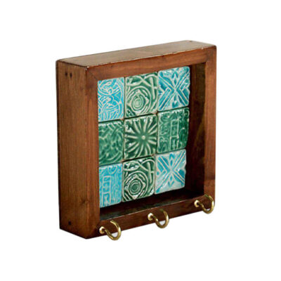 Handcrafted Ceramic Wall Key Holder with Wooden Frame and Kheshti Design