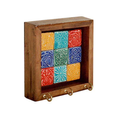 Handcrafted Ceramic Wall Key Holder with Wooden Frame and Kian Design