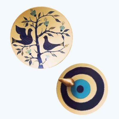 Hand-Painted Persian Pottery Decorative Display Plate Set, Traditional Bird Design, 2 Pieces