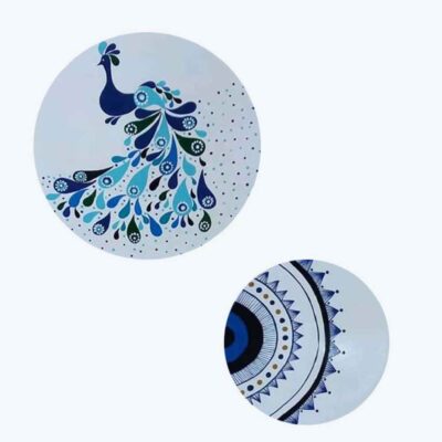 Hand-Painted Persian Pottery Decorative Display Plate Set, Simorgh Bird Design, 2 Pieces
