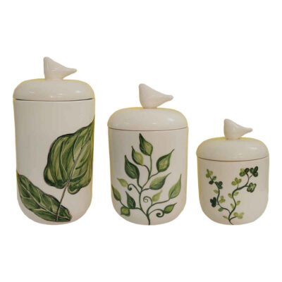 Ceramic Kitchen Canister Set for Spices & Dry Food Storage - Leaf Design, 3-Piece