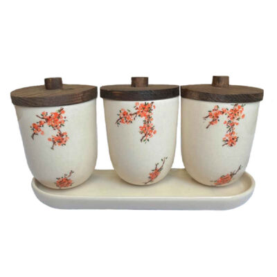 Ceramic Kitchen Canister Set for Spices & Dry Food Storage - Spring Design, 3-Piece