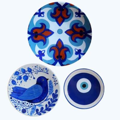 Hand-Painted Persian Pottery Decorative Display Plate Set, Birds and Flowers Design, 3 Pieces