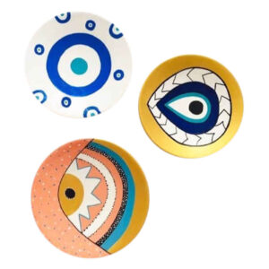 Set of 3 Hand-Painted Decorative Pottery Wall Plate Cheshm Nazar