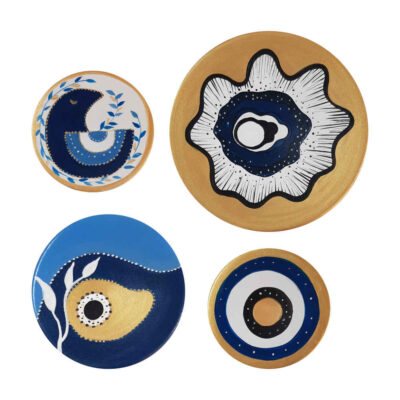 Hand-Painted Persian Pottery Decorative Display Plate Set, Cheshm Nazar and Persian Bird Design, 4 Pieces