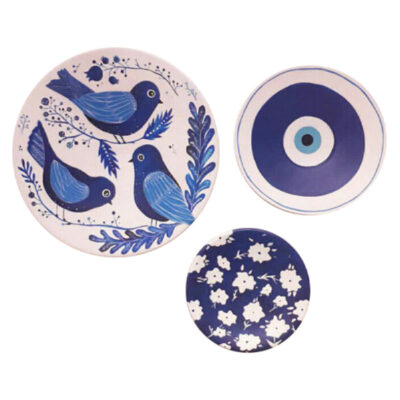 Hand-Painted Persian Pottery Decorative Display Plate Set, Cheshm Nazar and Persian Bird Design, 3 Pieces
