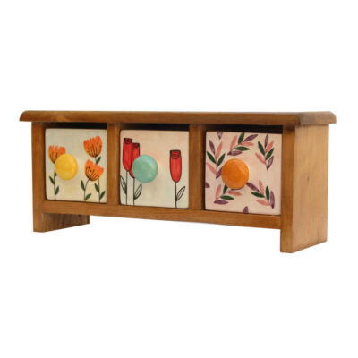 Handcrafted Wooden Chest with 3 Ceramic Drawers – Bohemian Floral