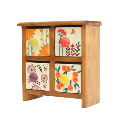 Handcrafted Wooden Chest with 4 Ceramic Drawers – Bohemian Floral