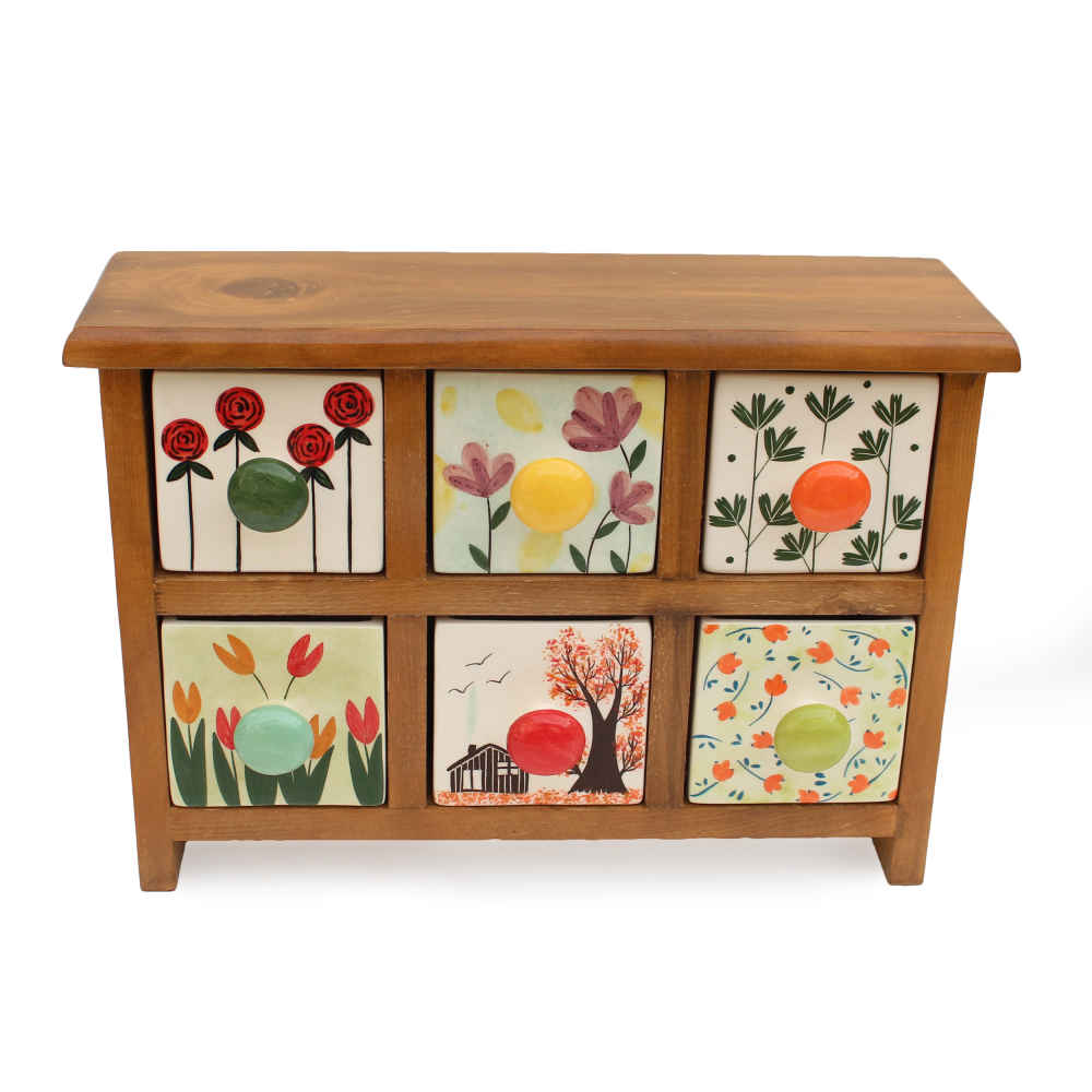 Handcrafted 6 Ceramic Drawers Chest with Wooden Box