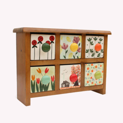 Handcrafted Wooden Chest with 6 Ceramic Drawers – Bohemian Floral