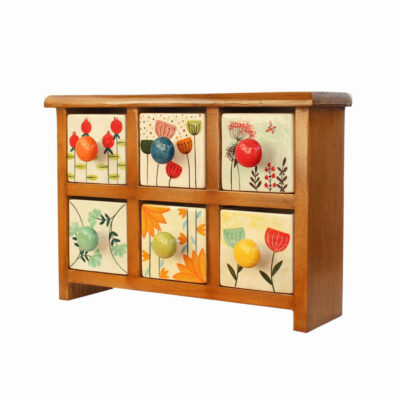 Handcrafted Wooden Chest with 6 Ceramic Drawers – Bohemian Floral