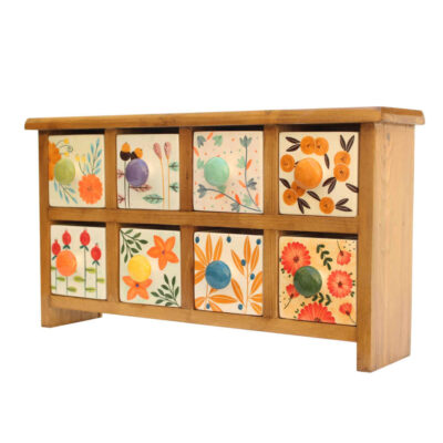Handcrafted Wooden Chest with 8 Ceramic Drawers – Bohemian Floral