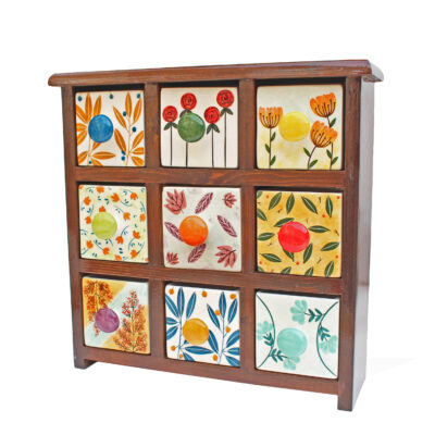 Handcrafted Wooden Chest with 9 Ceramic Drawers – Bohemian Style