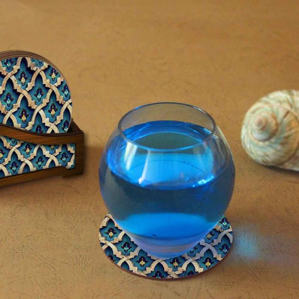 Antique Persian Coasters with Holder – Round Wooden Artistic Drink Protector Set