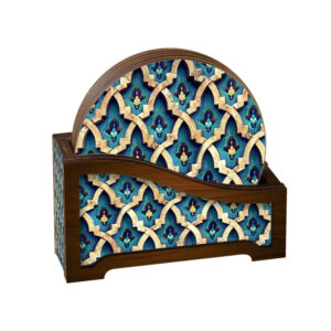 Antique Persian Coasters with Holder – Round Wooden Artistic Drink Protector Set