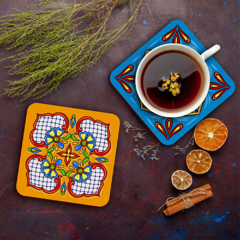 Beautiful Flower Wooden Coasters – Square Artistic Drink Protector Set