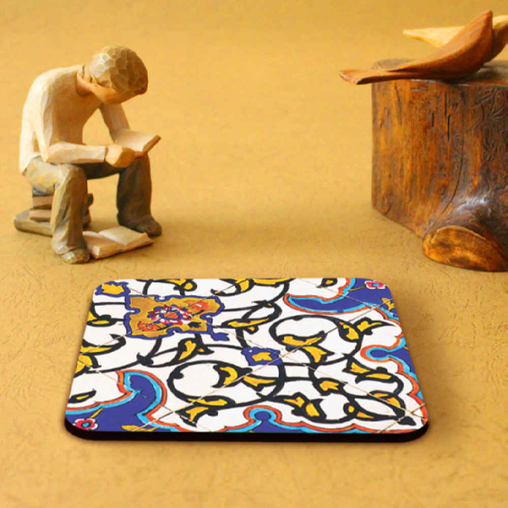 Bita Persian Floral Coasters with Holder – Square Wooden Artistic Set