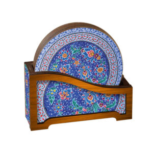 Gelareh Persian Floral Coasters with Holder – Round Artistic Wooden Set