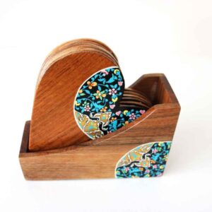 Heart-Shaped Persian Floral Coasters with Holder – Wooden Artistic Drink Protector Set