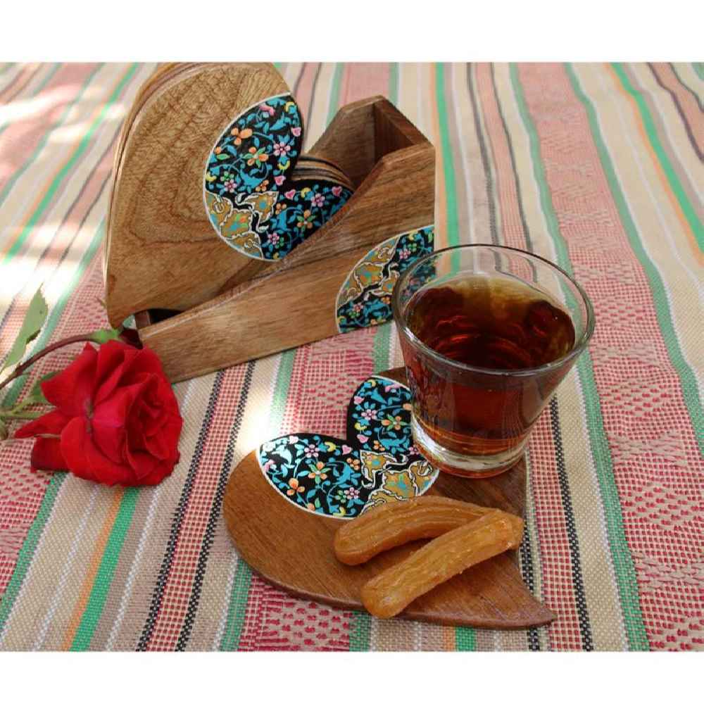 Heart-Shaped Persian Floral Coasters with Holder – Wooden Artistic Drink Protector Set