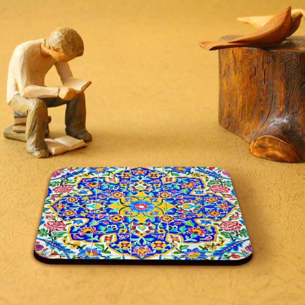Kaashi Persian Floral Coasters with Holder – Square Artistic Wooden Set
