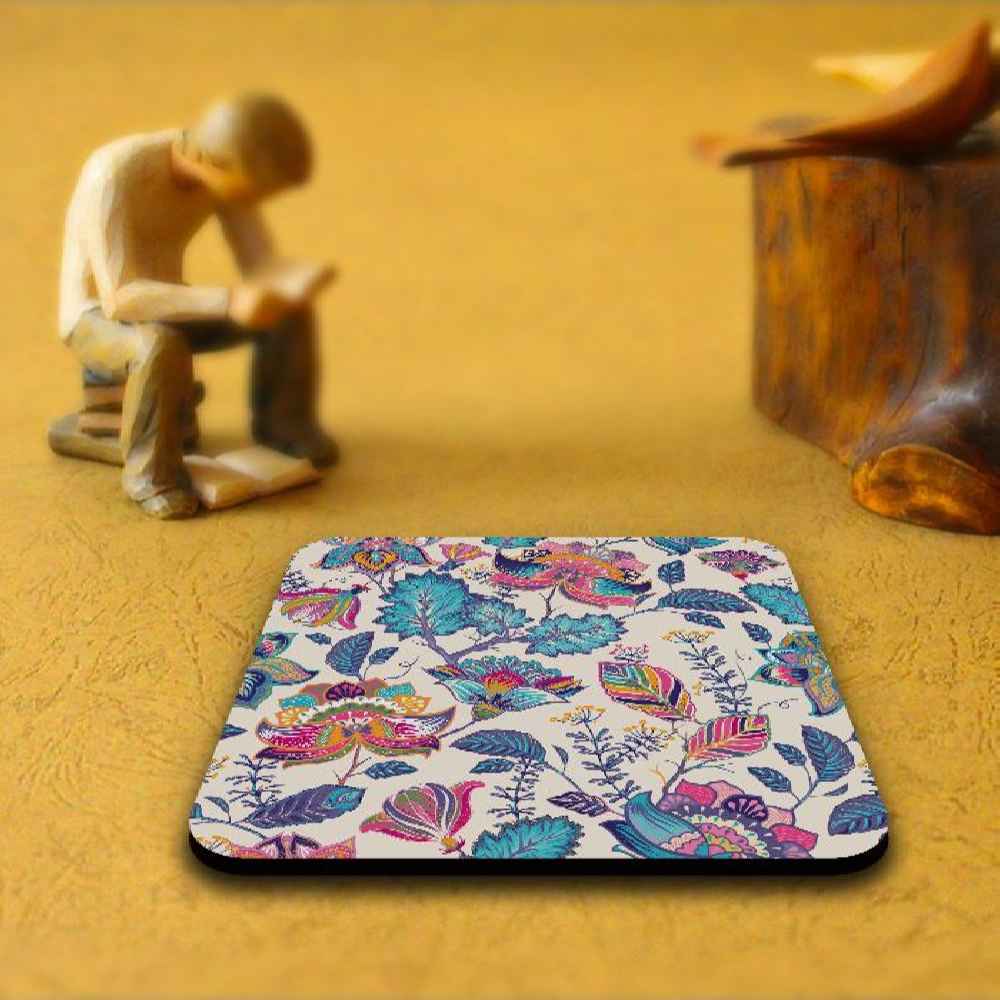 Kiana Persian Floral Coasters with Holder – Square Artistic Wooden Set