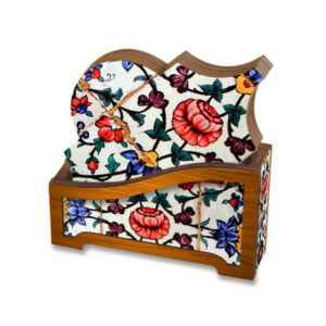 Negar Persian Floral Coasters with Holder – Artistic Wooden Set