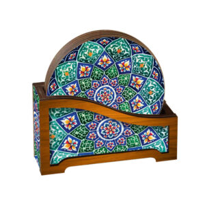 Pegah Persian Mandala Coasters with Holder – Round Wooden Artistic Set