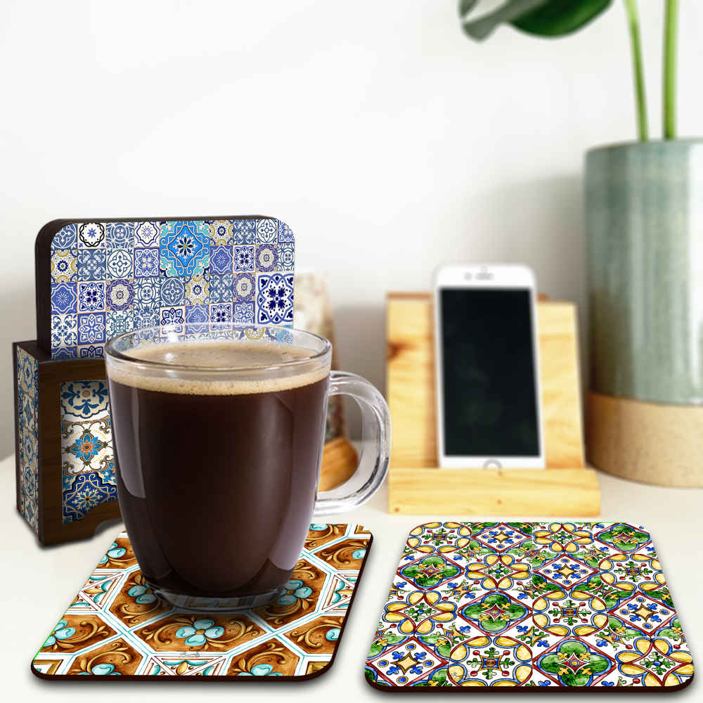 Rahil Persian Geometric Coasters with Holder – Square Artistic Wooden Set