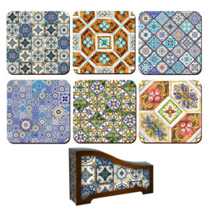 Rahil Persian Geometric Coasters with Holder – Square Artistic Wooden Set