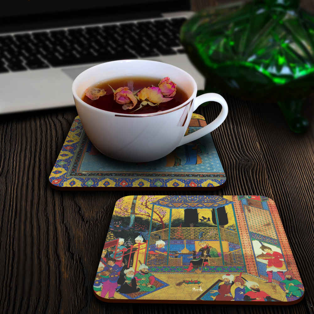Shahnameh Miniature Coasters with Holder – Square Persian Artistic Wooden Set