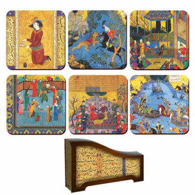 Shahnameh Miniature Coasters with Holder – Square Persian Artistic Wooden Set