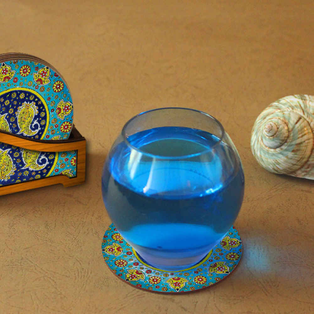 Sonati Paisley Coasters with Holder – Round Persian Artistic Wooden Set