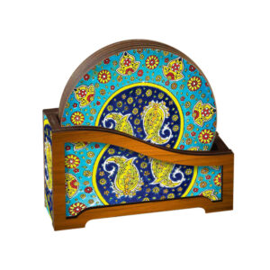 Sonati Paisley Coasters with Holder – Round Persian Artistic Wooden Set