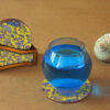 Yellow Persian Floral Coasters with Holder – Round Artistic Wooden Set