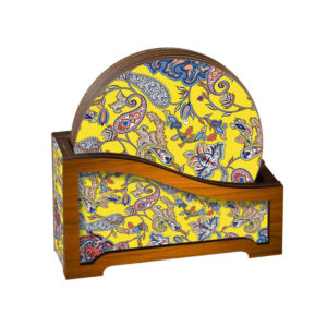 Yellow Persian Floral Coasters with Holder – Round Artistic Wooden Set