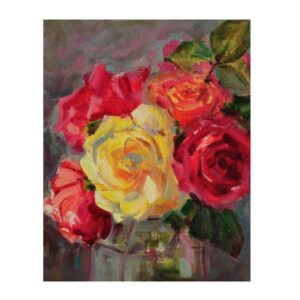 Original Painterly Art Painting – Oil on Cardboard Rose Flowers in Vase