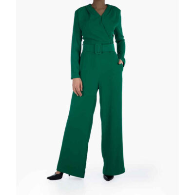Women’s Green Palazzo Jumpsuit with Side Belt for Stylish Summer and Casual Wear Model Gelareh