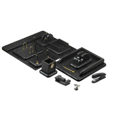 Black Leather Office Desk Organizer Set - 14 Pieces