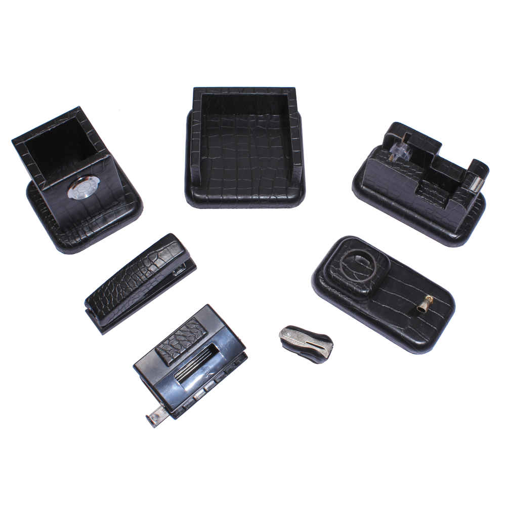 Black Leather Office Desk Organizer Set – 7 Pieces