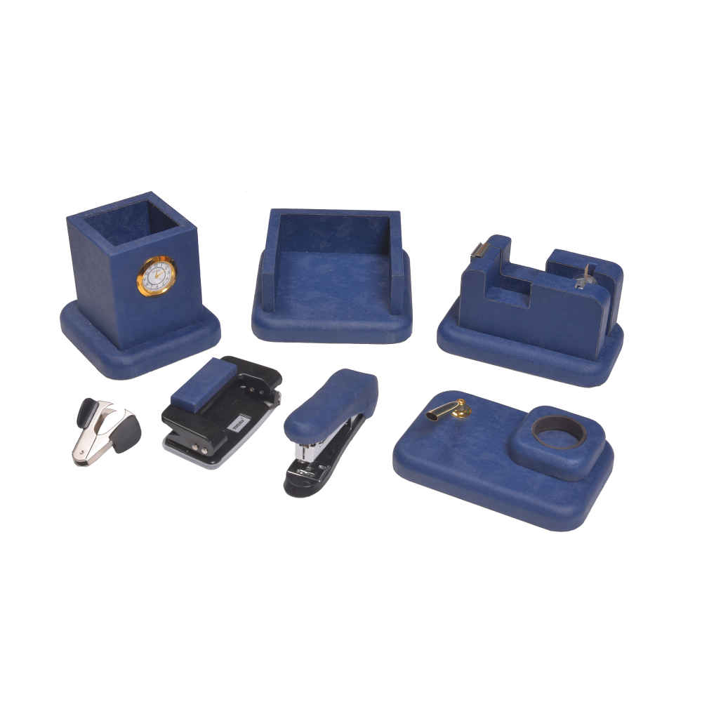 Blue Leather Office Desk Organizer Set – 8 Pieces