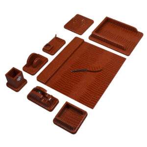Brown Leather Office Desk Set – 10-Piece Collection