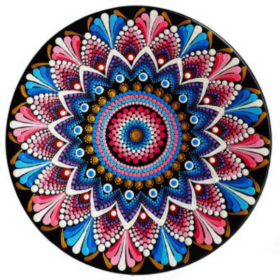 Hand-Painted Persian Pottery Decorative Display Plate, Mandala Dot Painting Art
