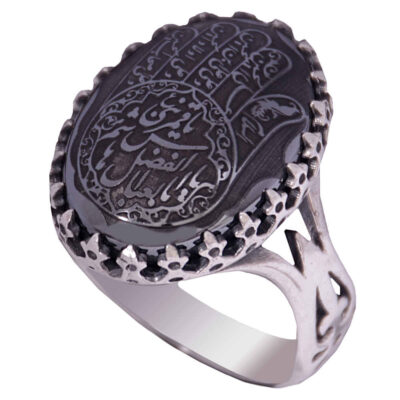 Hematite Silver Gemstone Ring for Men – Ya Qamar Bani Hashem Islamic Calligraphy, Traditional Persian Design