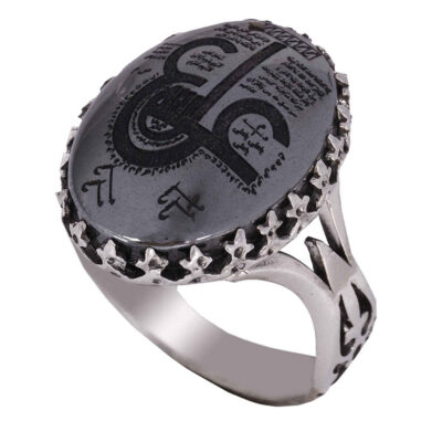 Hematite Silver Gemstone Ring for Men – Ya Ali Islamic Calligraphy, Traditional Persian Design