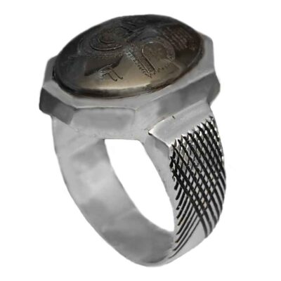 Hematite Silver Gemstone Ring for Men – Hirz and Ya Ali Islamic Calligraphy, Traditional Persian Design