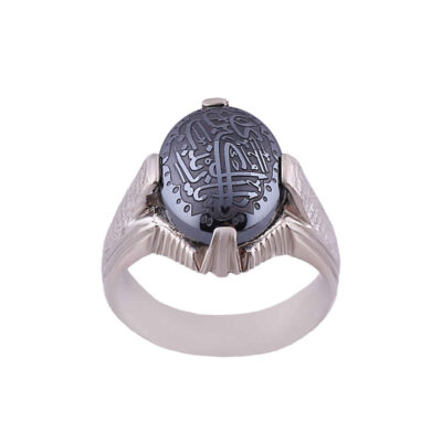 Hematite Silver Gemstone Ring for Men – Ya Zainab Islamic Calligraphy, Traditional Persian Design