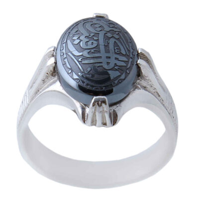 Hematite Silver Gemstone Ring for Men – Yazdan Model, Islamic Calligraphy, Traditional Persian Design