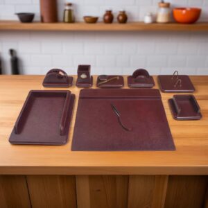 Maroon Leather Office Desk Organizer Set – 11 Pieces