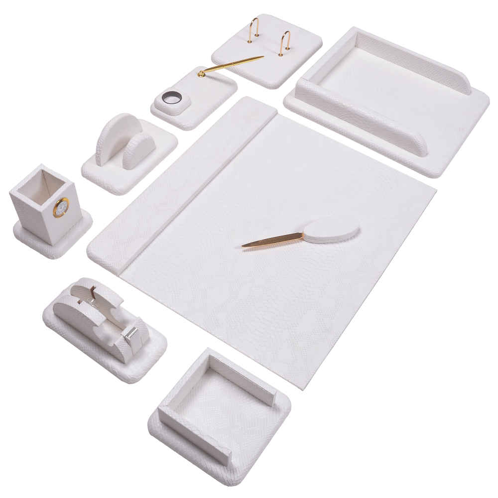 White Leather Office Desk Set – 10-Piece Collection